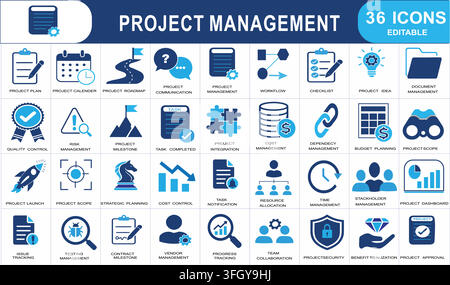 Project Management solid vector glyph  icon set - 36 Vector Line Icons featuring Business Planning, Workflow, Task Tracking, Strategy, Budgeting, Stock Vector