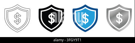 Dollar sign shield icons set  outline, black, blue for financial protection and secure payment concepts isolated on white background Stock Vector