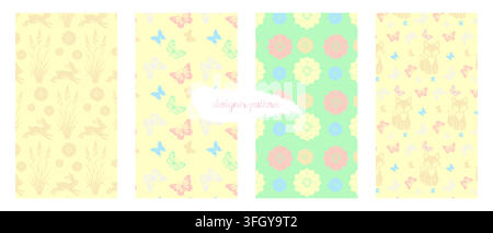 A set of four seamless patterns designed for kids and nursery themes. Includes cute animals, butterflies, and floral elements in soft pastel colors. P Stock Vector