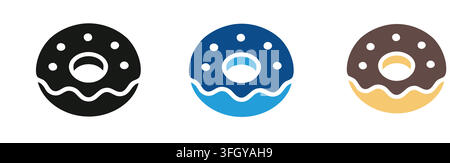 Set of three donut icons in black blue and brown colors with sprinkles and frosting isolated on white background Stock Vector
