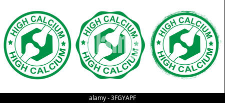 High Calcium green stamp set with bone joint icons for healthy food packaging and supplement labels Stock Vector