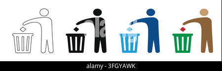 Set of trash bin icons with human figure throwing garbage for recycling and waste management concepts Stock Vector