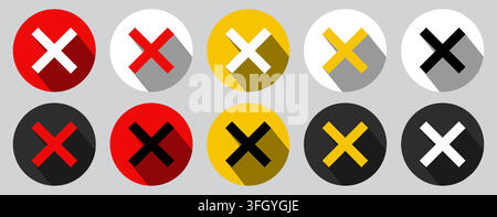 Colorful wrong sign cross mark and cancel button round flat icon set with long shadow Stock Vector