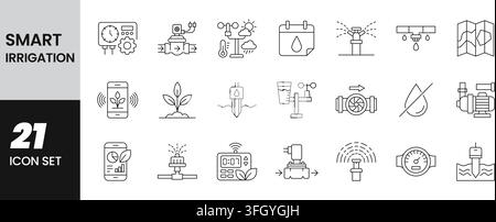 Smart Irrigation and Automatic Watering Sprinkler System Agricultural Technology Line Icons Set Stock Vector
