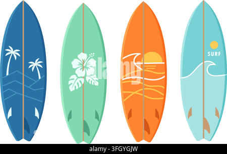 Minimalist surfboards flat illustrations set with summer vibes clipart Stock Vector