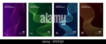 Abstract gradient flowing thin wavy lines digital futuristic poster background set Stock Vector