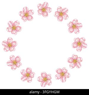 Watercolor apple blossom wreath made of delicate pink flowers and green leaves isolated on white background. Perfect for product logo, posters, packag Stock Photo