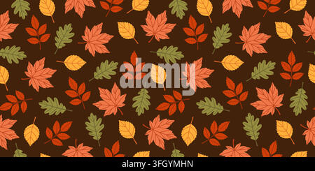 Splendid hand drawn autumn leaves seamless pattern vector. Gorgeous flat style colorful foliage background on dark brown backdrop. Perfect for Thanksg Stock Vector