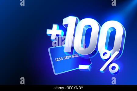Dynamic 3D 100 bonus with credit card on a vibrant blue background. Excellent for financial promotions and special offers. Vector illustration. Stock Vector