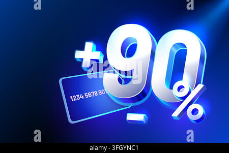 Shiny 3D 90 icon for bonus and promotion, on a vibrant blue background with a credit card. Vector illustration. Stock Vector