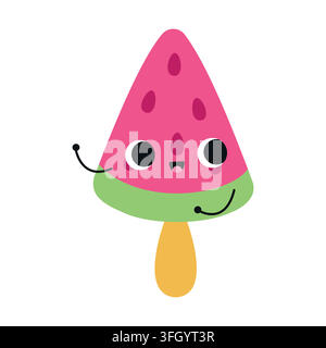 Cute watermelon popsicle cartoon character smiling isolated on white background. Kawaii fruit ice lolly vector illustration for summer food, refreshin Stock Vector