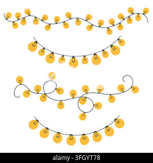 Hand drawn hanging string lights set isolated on white background. Vector illustration of yellow glowing bulb garlands for festive decoration, party, Stock Vector