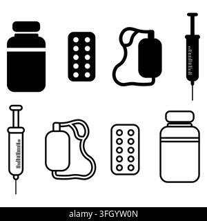 A professional and comprehensive medical and healthcare icon set featuring a smart dual-style design, solid black silhouette and clean line art outlin Stock Vector