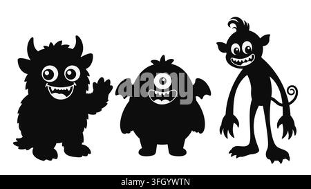 Set of three cute cartoon monster silhouettes in black and white Stock Vector