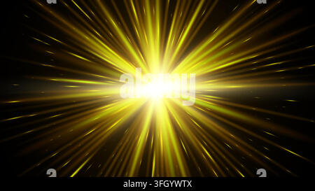 Bright golden light burst radiating from a central point against a deep black background Stock Vector