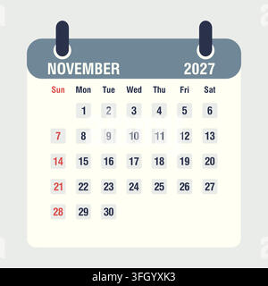 November 2027 monthly calendar icon, flat style vector illustration  Stock Vector