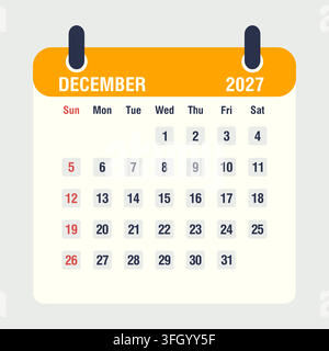 December 2027 monthly calendar icon, flat style vector illustration. Stock Vector