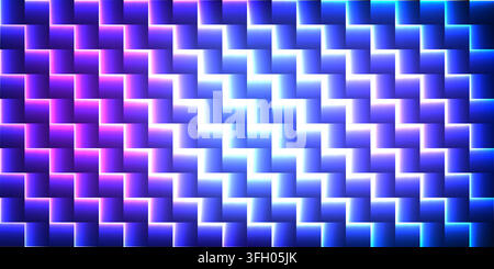 Ribbed glass surface. Stepped stripe pattern with interlocking bands. Purple blue cyan gradient glow creates glossy zigzag texture and depth. Vector I Stock Vector