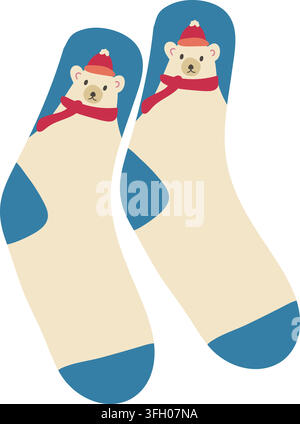 Cream knitted winter socks with blue heels and toes, featuring cute snowman faces near the cuffs. Hand drawn vector illustration for Christmas, winter Stock Vector