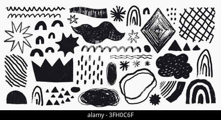 Crayon grunge texture with rainbow and crown shapes. Star and asterisk marks pair with dotted cloud and diamond outline. Fits stickers, cards and Stock Vector