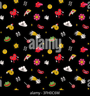 Groovy vector seamless with hearts, flowers and candy Stock Vector
