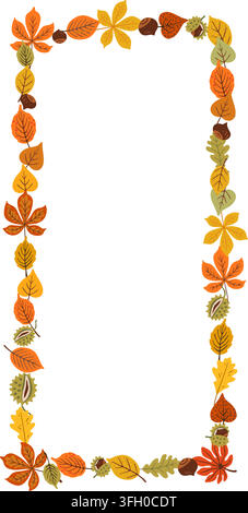 Autumn rectangle leaf frame with oak, aspen and chestnut border in warm orange and yellow tones. Vertical vector garland leaves empty copy space at Stock Vector