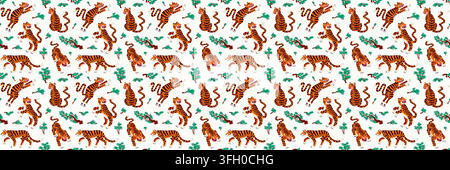 Asian seamless pattern with full body tigers on white background. Cartoon tiger illustration with botanical leaves for fabric and wrapping paper. Drag Stock Vector