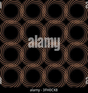 Abstract futuristic seamless pattern with gold dot spiral circles, tech texture, and particle glow. Modern holiday background for New Year, textile. Stock Vector