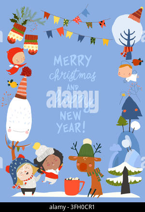 Cute Cartoon Frame With Kids, Animals and Christmas Elements Stock Vector