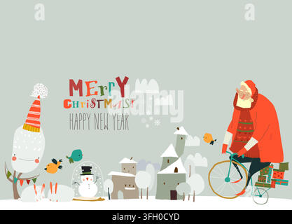 Cartoon Cute Santa Claus riding Bicycle on Snowy Street Stock Vector