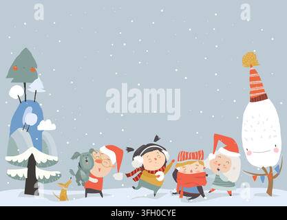 Cute Cartoon Kids meeting Snowy Winter Stock Vector