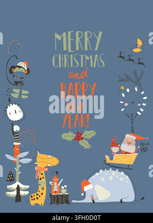 Cute Cartoon Frame With Wild Animals and Santa Claus Stock Vector