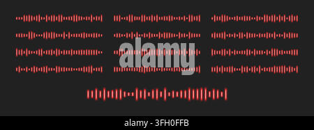 Neon soundwaves, red isolated glowing sound audio waves. Stock Vector