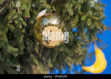 Golden Christmas ball on a green pine tree branch on blue sky background, close up Stock Photo