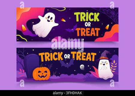 Halloween banner set with trick or treat lettering, cute ghosts, pumpkin, candy and spider webs. Festive Halloween illustration for seasonal celebrati Stock Vector