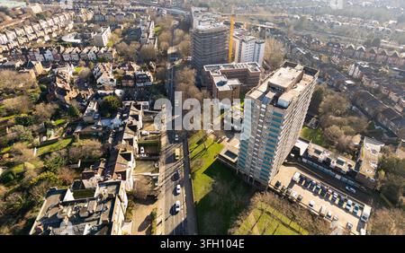 Aerial view of Windmill Court on Shoot Up Hill in Kilburn, London, documenting local housing density and street traffic from above. Stock Photo