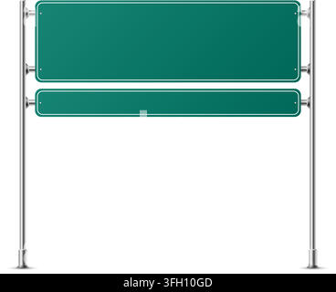 Realistic green rectangular traffic sign on metal steel pole isolated. Green road panel mockup - direction highway, board traffic, city board location Stock Vector