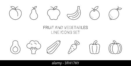 Fruit and vegetable line icon set with twelve food elements. Outline vector illustration on white background.  Stock Vector