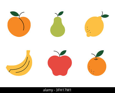 Fruit icon set with peach, pear, lemon, banana, apple and orange. Flat vector illustration on white background.  Stock Vector
