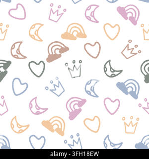 Hearts Crowns Moons Rainbows Seamless Pattern. Vector seamless dithering pixel style pattern Stock Vector