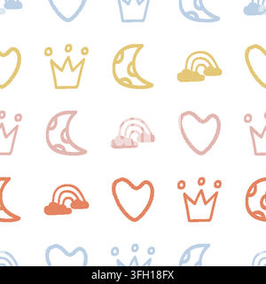 Hearts Crowns Moons Rainbows Seamless Pattern. Vector seamless dithering pixel style pattern Stock Vector