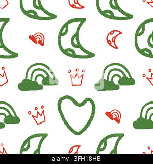Moons Rainbows Crowns Hearts Seamless Pattern. Vector seamless dithering pixel style pattern Stock Vector