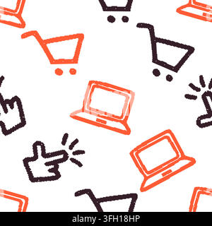 Online Shopping Icons Pixeled Seamless Pattern. Vector seamless dithering pixel style pattern Stock Vector