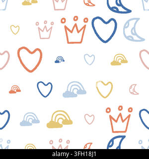 Hearts Crowns Rainbows Seamless Pattern. Vector seamless dithering pixel style pattern Stock Vector
