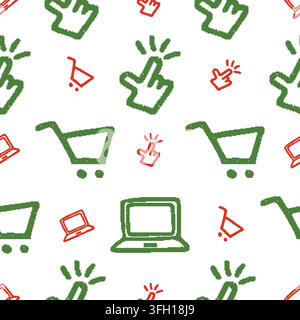 Mouse Cursor Shopping Cart Laptop Pixel Dither Seamless Pattern. Vector seamless dithering pixel style pattern Stock Vector