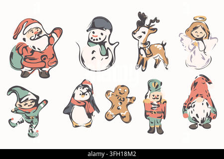 Cute Christmas Character Set Hand Drawn Vector Stock Vector