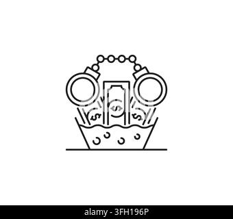 Black outline handcuffs icon above dollar bills in washing basin with soap bubbles. Financial crime economic symbol for anti money laundering articles Stock Vector
