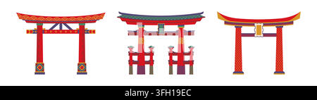 Japanese pagoda red torii gates, Asian temple entrance arches. Traditional Japan Tori portals with curved roof and columns. Cartoon oriental cultural Stock Vector