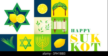 Happy Sukkot Jewish Holiday greeting card with lulav, etrog, myrtle and willow. Vector banner design with Sukkot holiday pattern Stock Vector