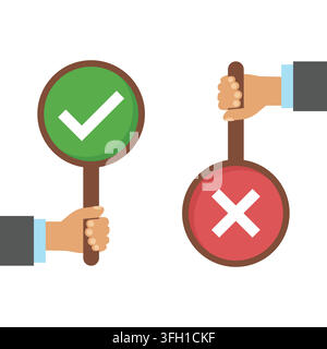 Flat vector illustration showing hands holding green checkmark and red cross signs representing right or wrong, true or false, and yes or no choices. Stock Vector
